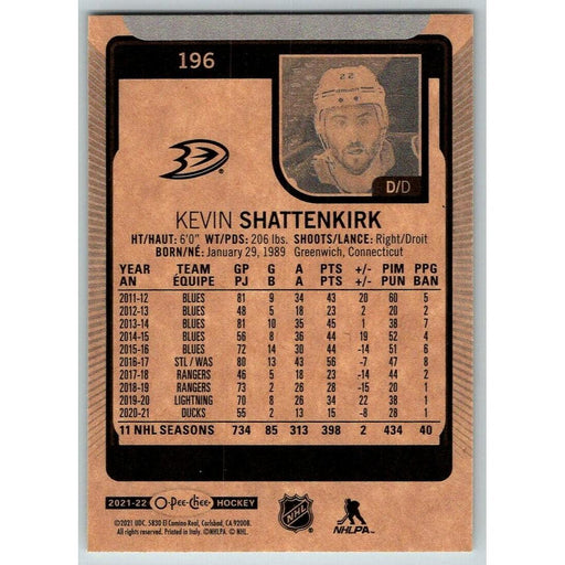 2021-22 O-Pee-Chee (Upper Deck OPC) Kevin Shattenkirk Anaheim Ducks #196 - Collectible Craze America