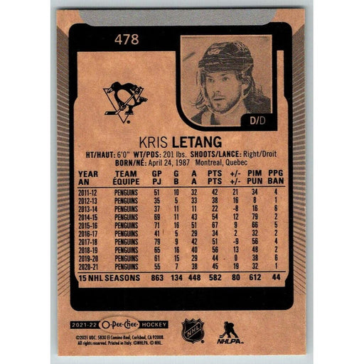 2021-22 O-Pee-Chee (Upper Deck OPC) Kris Letang Pittsburgh Penguins #478 - Collectible Craze America