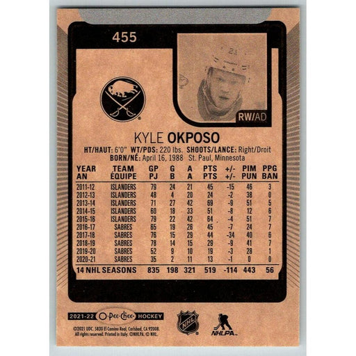 2021-22 O-Pee-Chee (Upper Deck OPC) Kyle Okposo Buffalo Sabres #455 - Collectible Craze America