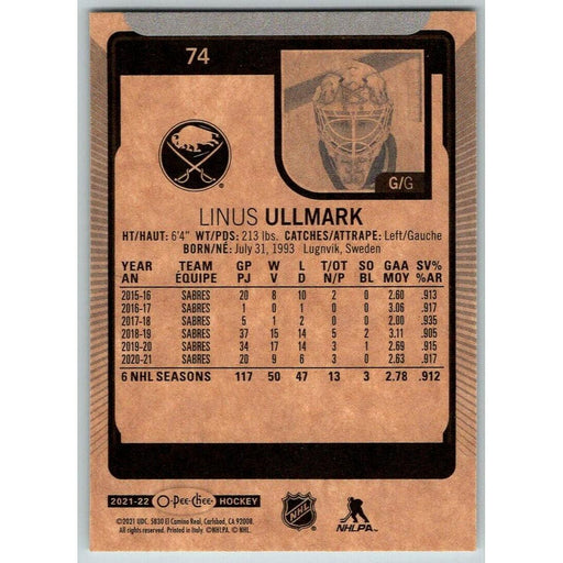 2021-22 O-Pee-Chee (Upper Deck OPC) Linus Ullmark Buffalo Sabres #74 - Collectible Craze America