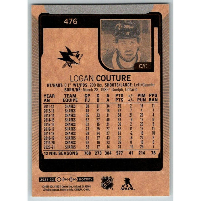 2021-22 O-Pee-Chee (Upper Deck OPC) Logan Couture San Jose Sharks #476 - Collectible Craze America