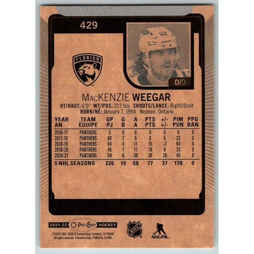 2021-22 O-Pee-Chee (Upper Deck OPC) MacKenzie Weegar Florida Panthers #429 - Collectible Craze America