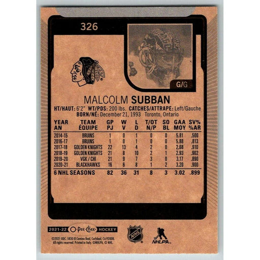 2021-22 O-Pee-Chee (Upper Deck OPC) Malcolm Subban Chicago Blackhawks #326 - Collectible Craze America