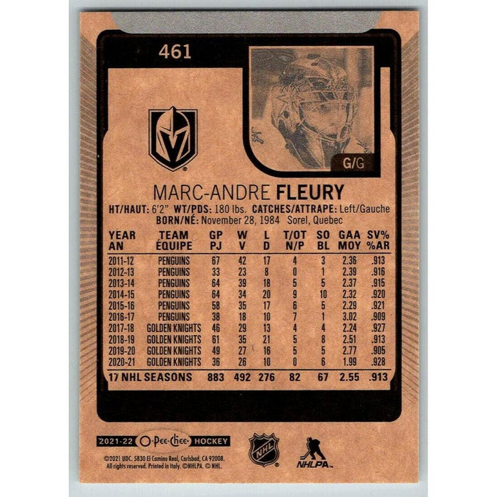 2021-22 O-Pee-Chee (Upper Deck OPC) Marc-Andre Fleury Vegas Golden Knights #461 - Collectible Craze America