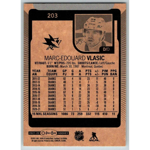 2021-22 O-Pee-Chee (Upper Deck OPC) Marc-Edouard Vlasic San Jose Sharks #203 - Collectible Craze America