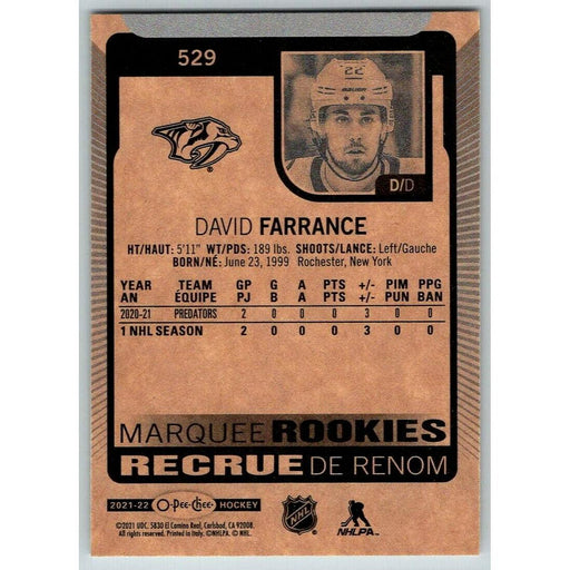 2021-22 O-Pee-Chee (Upper Deck OPC) Marquee Rookies David Farrance RC Nashville - Collectible Craze America