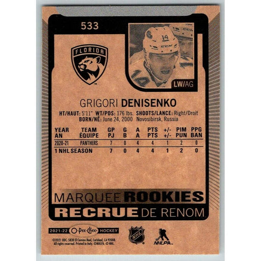 2021-22 O-Pee-Chee (Upper Deck OPC) Marquee Rookies Grigori Denisenko RC Florida - Collectible Craze America
