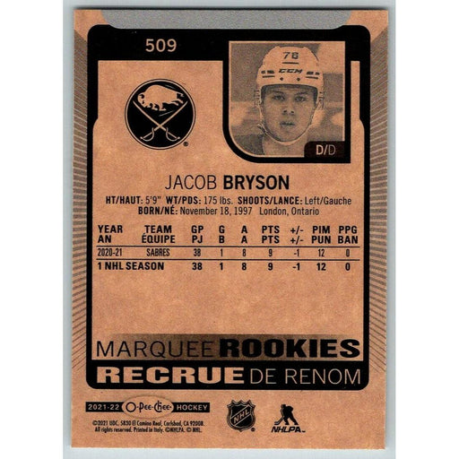 2021-22 O-Pee-Chee (Upper Deck OPC) Marquee Rookies Jacob Bryson RC Buffalo - Collectible Craze America