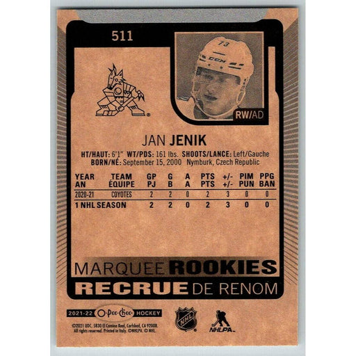 2021-22 O-Pee-Chee (Upper Deck OPC) Marquee Rookies Jan Jenik RC Arizona Coyotes - Collectible Craze America