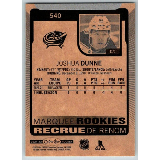 2021-22 O-Pee-Chee (Upper Deck OPC) Marquee Rookies Joshua Dunne RC Columbus - Collectible Craze America