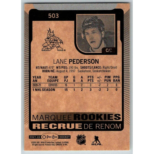 2021-22 O-Pee-Chee (Upper Deck OPC) Marquee Rookies Lane Pederson RC Arizona - Collectible Craze America