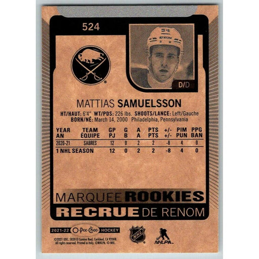 2021-22 O-Pee-Chee (Upper Deck OPC) Marquee Rookies Mattias Ekholm RC Buffalo - Collectible Craze America