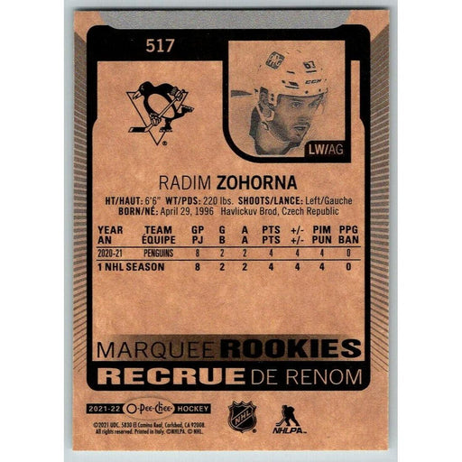 2021-22 O-Pee-Chee (Upper Deck OPC) Marquee Rookies Radim Zohorna RC Pittsburgh - Collectible Craze America