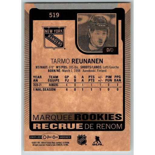 2021-22 O-Pee-Chee (Upper Deck OPC) Marquee Rookies Tarmo Reunanen RC New York - Collectible Craze America