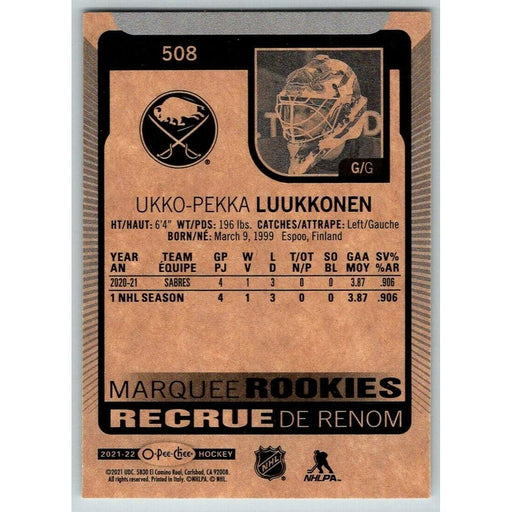 2021-22 O-Pee-Chee (Upper Deck OPC) Marquee Rookies Ukko-Pekka Luukkonen RC - Collectible Craze America