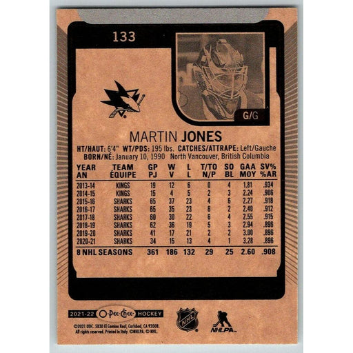 2021-22 O-Pee-Chee (Upper Deck OPC) Martin Jones San Jose Sharks #133 - Collectible Craze America