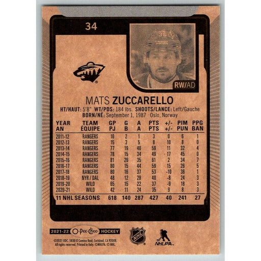 2021-22 O-Pee-Chee (Upper Deck OPC) Mats Zuccarello Minnesota Wild #34 - Collectible Craze America