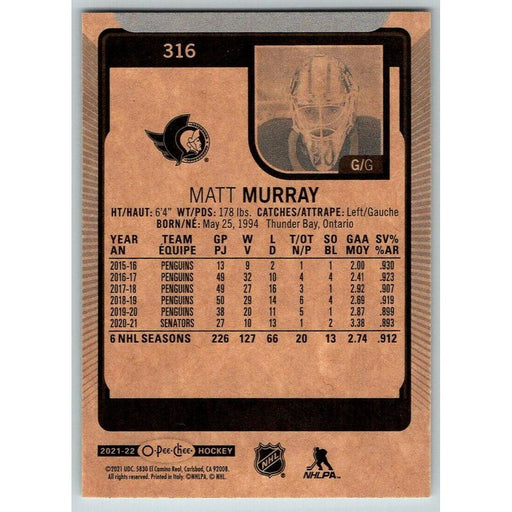 2021-22 O-Pee-Chee (Upper Deck OPC) Matt Murray Ottawa Senators #316 - Collectible Craze America