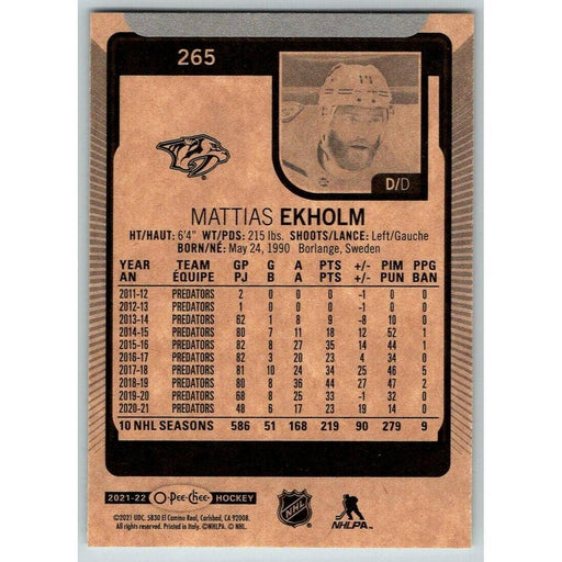 2021-22 O-Pee-Chee (Upper Deck OPC) Mattias Ekholm Nashville Predators #265 - Collectible Craze America