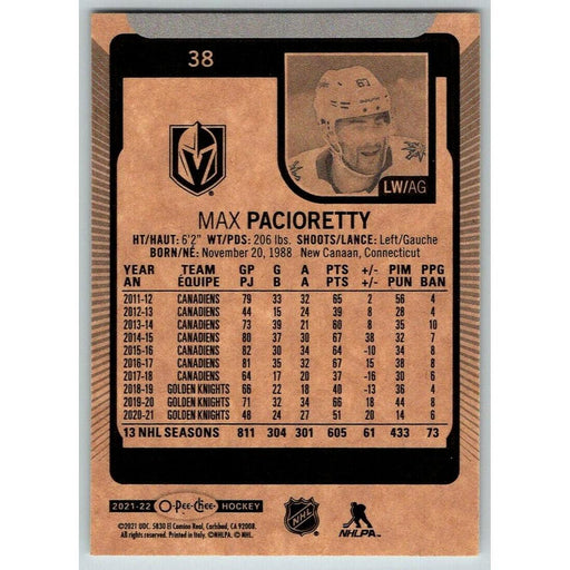 2021-22 O-Pee-Chee (Upper Deck OPC) Max Pacioretty Vegas Golden Knights #38 - Collectible Craze America