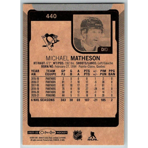 2021-22 O-Pee-Chee (Upper Deck OPC) Michael Matheson Pittsburgh Penguins #440 - Collectible Craze America