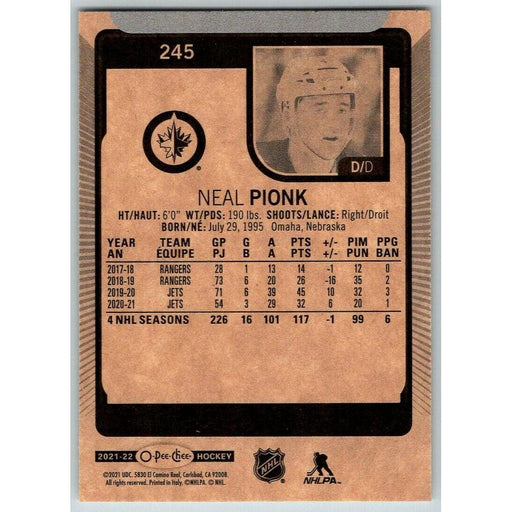 2021-22 O-Pee-Chee (Upper Deck OPC) Neal Pionk Winnipeg Jets #245 - Collectible Craze America