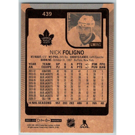 2021-22 O-Pee-Chee (Upper Deck OPC) Nick Foligno Toronto Maple Leafs #439 - Collectible Craze America