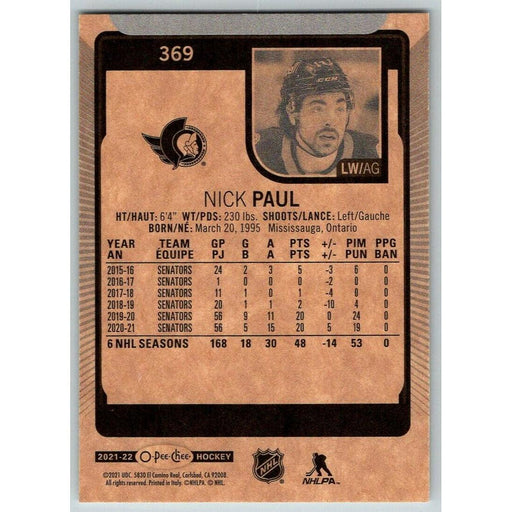 2021-22 O-Pee-Chee (Upper Deck OPC) Nick Paul Ottawa Senators #369 - Collectible Craze America