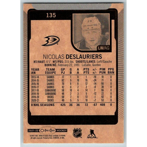 2021-22 O-Pee-Chee (Upper Deck OPC) Nicolas Deslauriers Anaheim Ducks #135 - Collectible Craze America