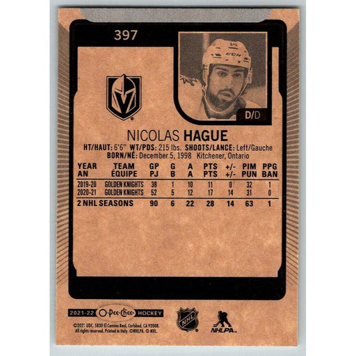 2021-22 O-Pee-Chee (Upper Deck OPC) Nicolas Hague Vegas Golden Knights #397 - Collectible Craze America
