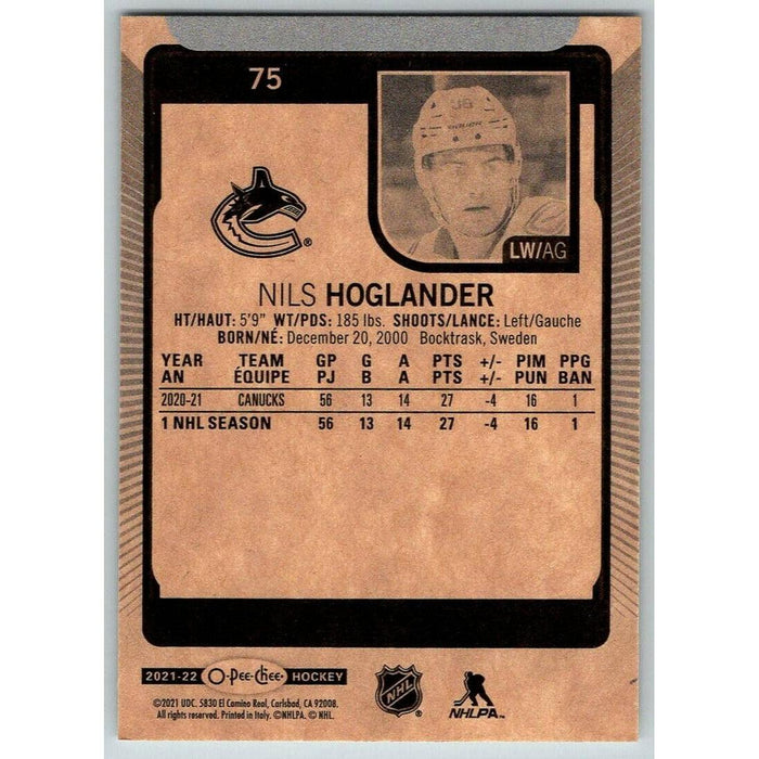 2021-22 O-Pee-Chee (Upper Deck OPC) Nils Hoglander Vancouver Canucks #75 - Collectible Craze America