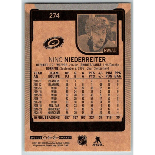 2021-22 O-Pee-Chee (Upper Deck OPC) Nino Niederreiter Carolina Hurricanes #274 - Collectible Craze America