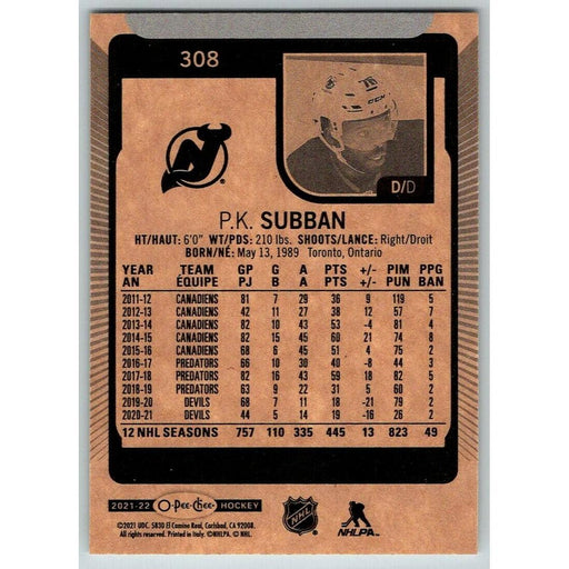 2021-22 O-Pee-Chee (Upper Deck OPC) P.K. Subban New Jersey Devils #308 - Collectible Craze America