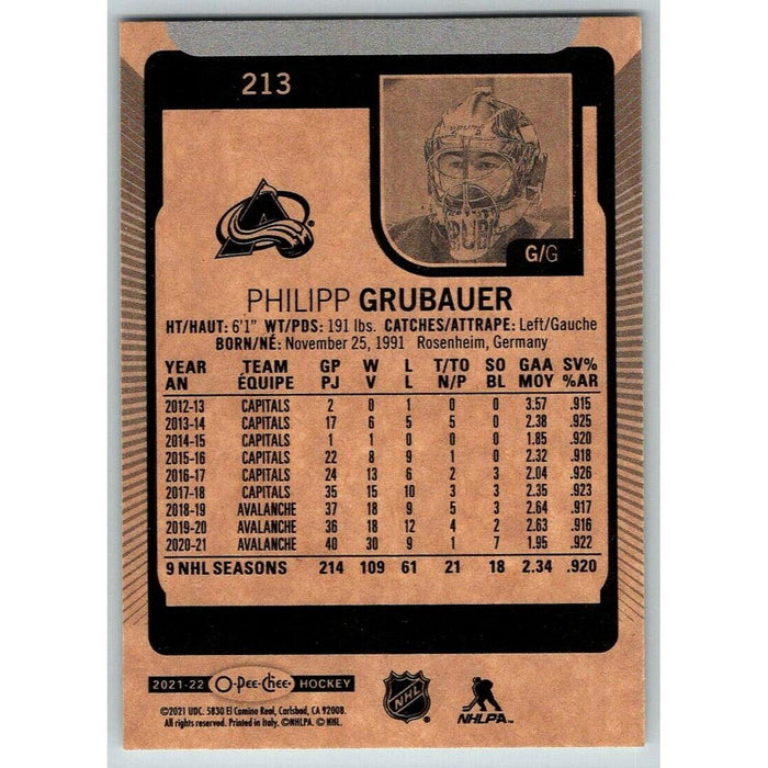 2021-22 O-Pee-Chee (Upper Deck OPC) Philipp Grubauer Colorado Avalanche #213 - Collectible Craze America