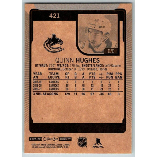 2021-22 O-Pee-Chee (Upper Deck OPC) Quinn Hughes Vancouver Canucks #421 - Collectible Craze America