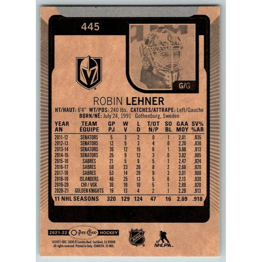 2021-22 O-Pee-Chee (Upper Deck OPC) Robin Lehner Vegas Golden Knights #445 - Collectible Craze America