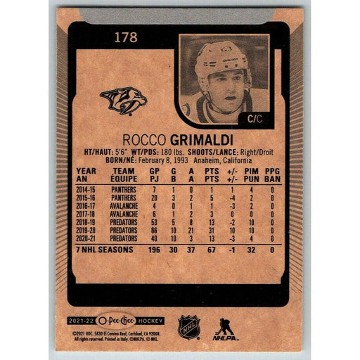 2021-22 O-Pee-Chee (Upper Deck OPC) Rocco Grimaldi Nashville Predators #178 - Collectible Craze America