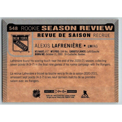 2021-22 O-Pee-Chee (Upper Deck OPC) Rookie Season Review Alexis Lafreniere New - Collectible Craze America