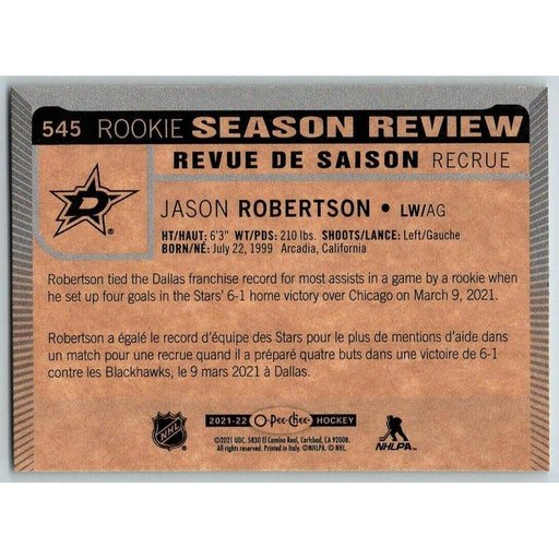 2021-22 O-Pee-Chee (Upper Deck OPC) Rookie Season Review Jason Robertson Dallas - Collectible Craze America