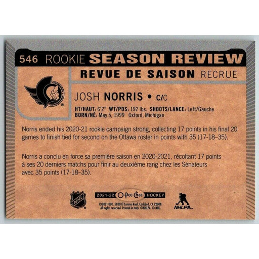 2021-22 O-Pee-Chee (Upper Deck OPC) Rookie Season Review Josh Norris Ottawa - Collectible Craze America