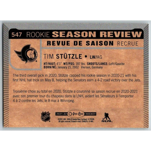 2021-22 O-Pee-Chee (Upper Deck OPC) Rookie Season Review Tim Stutzle Ottawa - Collectible Craze America