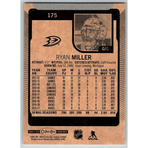 2021-22 O-Pee-Chee (Upper Deck OPC) Ryan Miller Anaheim Ducks #175 - Collectible Craze America