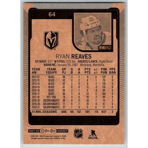 2021-22 O-Pee-Chee (Upper Deck OPC) Ryan Reaves Vegas Golden Knights #64 - Collectible Craze America