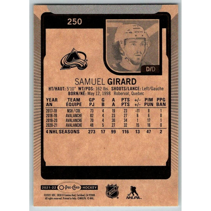 2021-22 O-Pee-Chee (Upper Deck OPC) Samuel Girard Colorado Avalanche #250 - Collectible Craze America