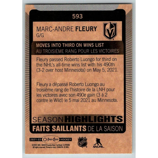 2021-22 O-Pee-Chee (Upper Deck OPC) Season Highlights Marc-Andre Fleury Vegas - Collectible Craze America