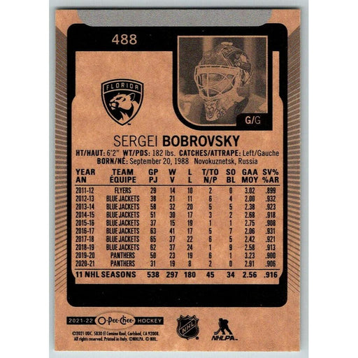 2021-22 O-Pee-Chee (Upper Deck OPC) Sergei Bobrovsky Florida Panthers #488 - Collectible Craze America