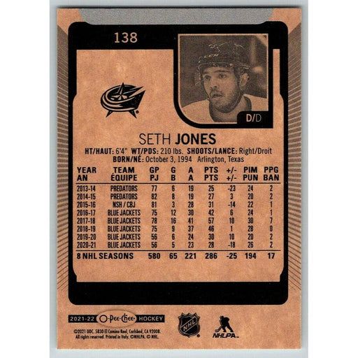 2021-22 O-Pee-Chee (Upper Deck OPC) Seth Jones Columbus Blue Jackets #138 - Collectible Craze America