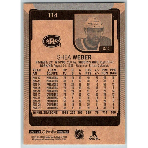 2021-22 O-Pee-Chee (Upper Deck OPC) Shea Weber Montreal Canadiens #114 - Collectible Craze America