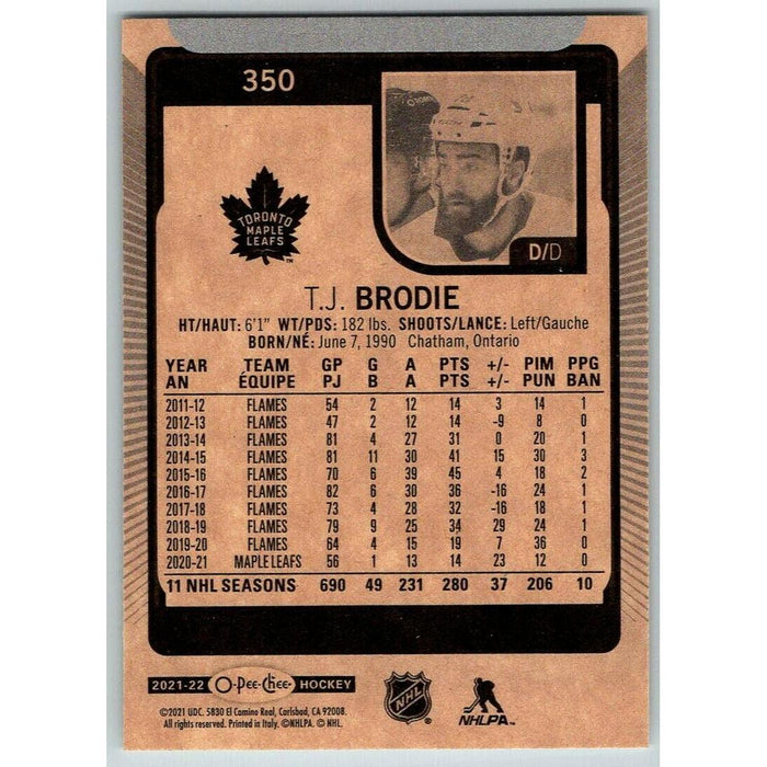 2021-22 O-Pee-Chee (Upper Deck OPC) T.J. Brodie Toronto Maple Leafs #350 - Collectible Craze America