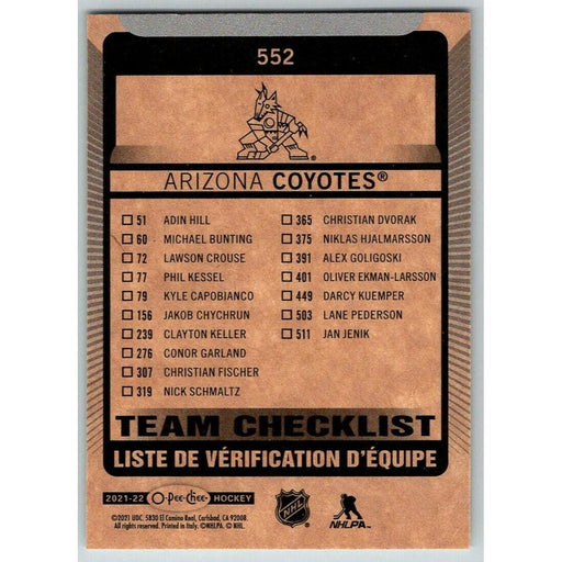 2021-22 O-Pee-Chee (Upper Deck OPC) Team Checklist Arizona Coyotes #552 - Collectible Craze America